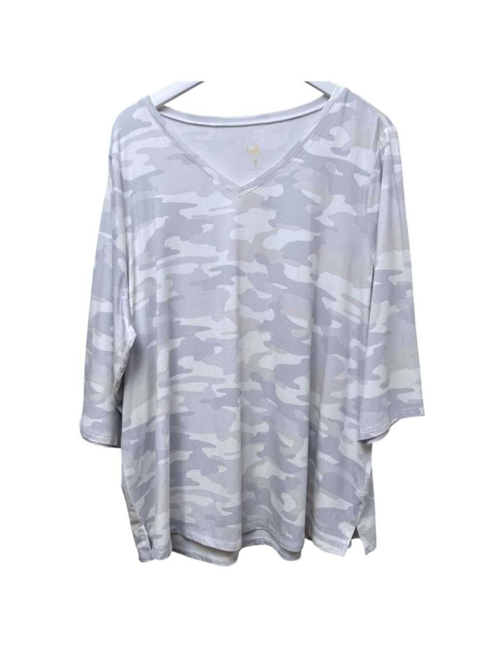 BELLE Kim Gravel Womens Top Plus Size 2X Gray Camo V-Neck 3/4 Sleeve Tee